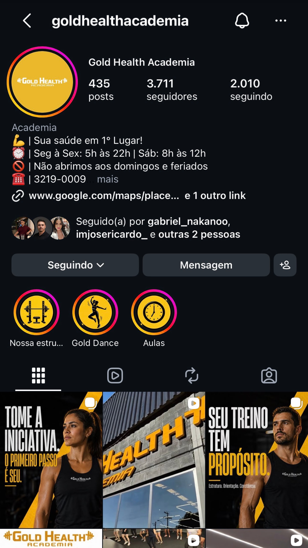 Perfil do Instagram da Gold Health Academia