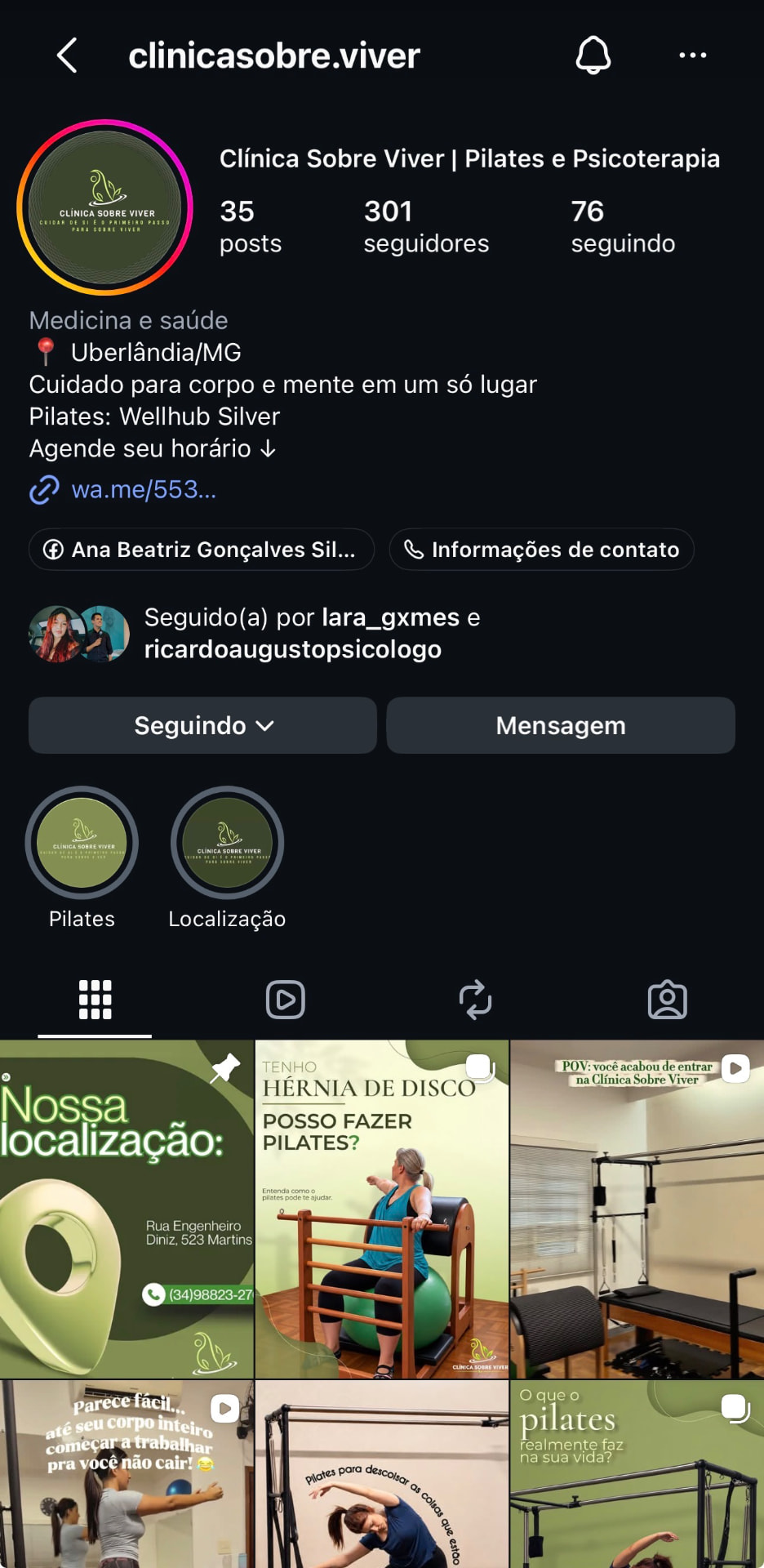 Perfil do Instagram da Clínica Sobre Viver